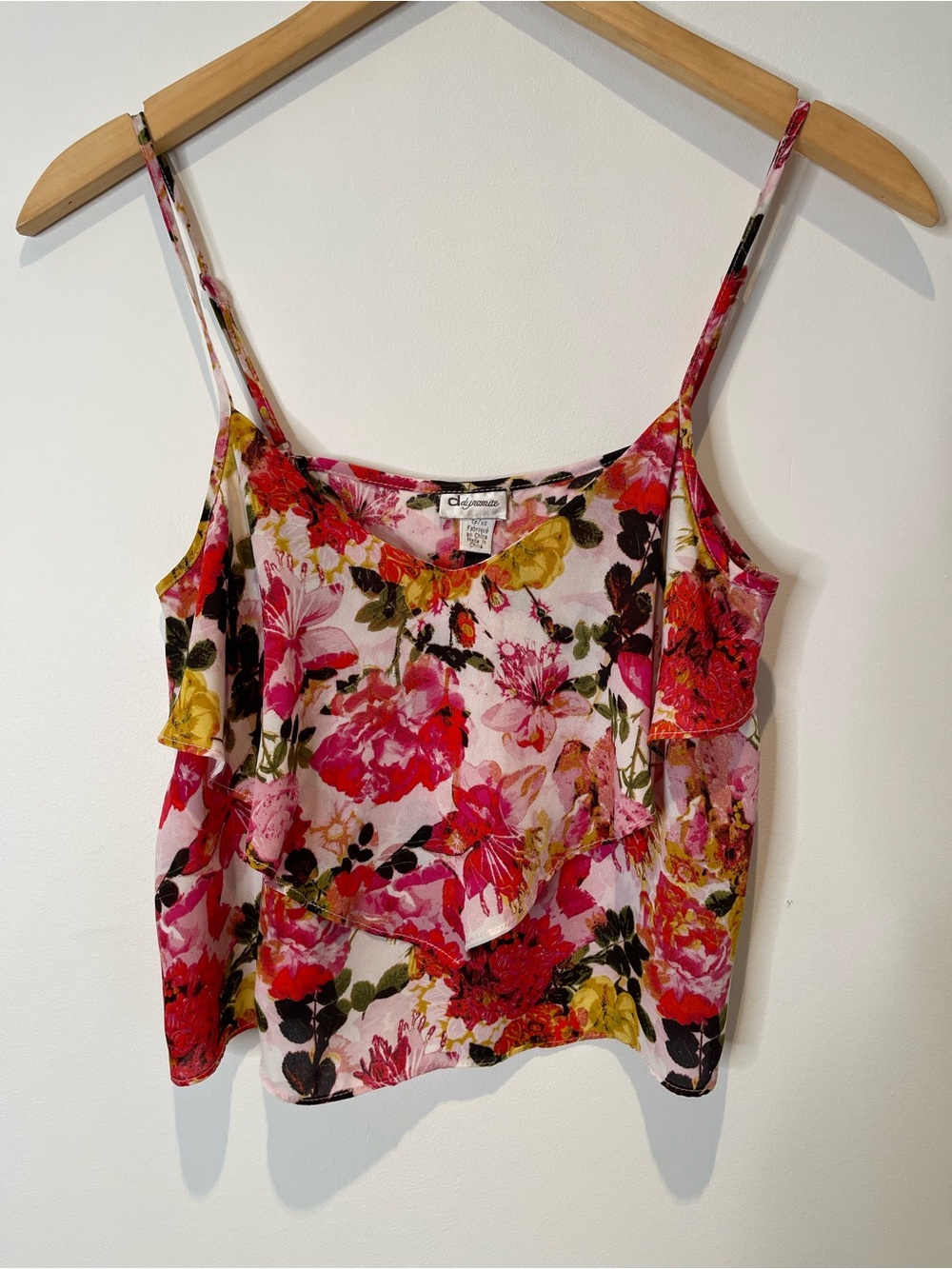 Vintage Dynamite Floral Flowy Ruffle Spaghetti Strap Cami Top Tropical Pink - Picture 2 of 6